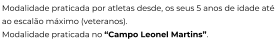 Modalidade praticada por atletas desde, os seus 5 anos de idade até ao escalão máximo (veteranos). Modalidade praticada no “Campo Leonel Martins”.